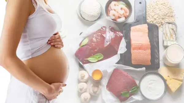 Schwanger mit Fokus auf Ernährung: Leber, Lachs, Garnelen, Milchprodukte und Eier gegen Vitamin B12 Mangel in der Schwangerschaft.